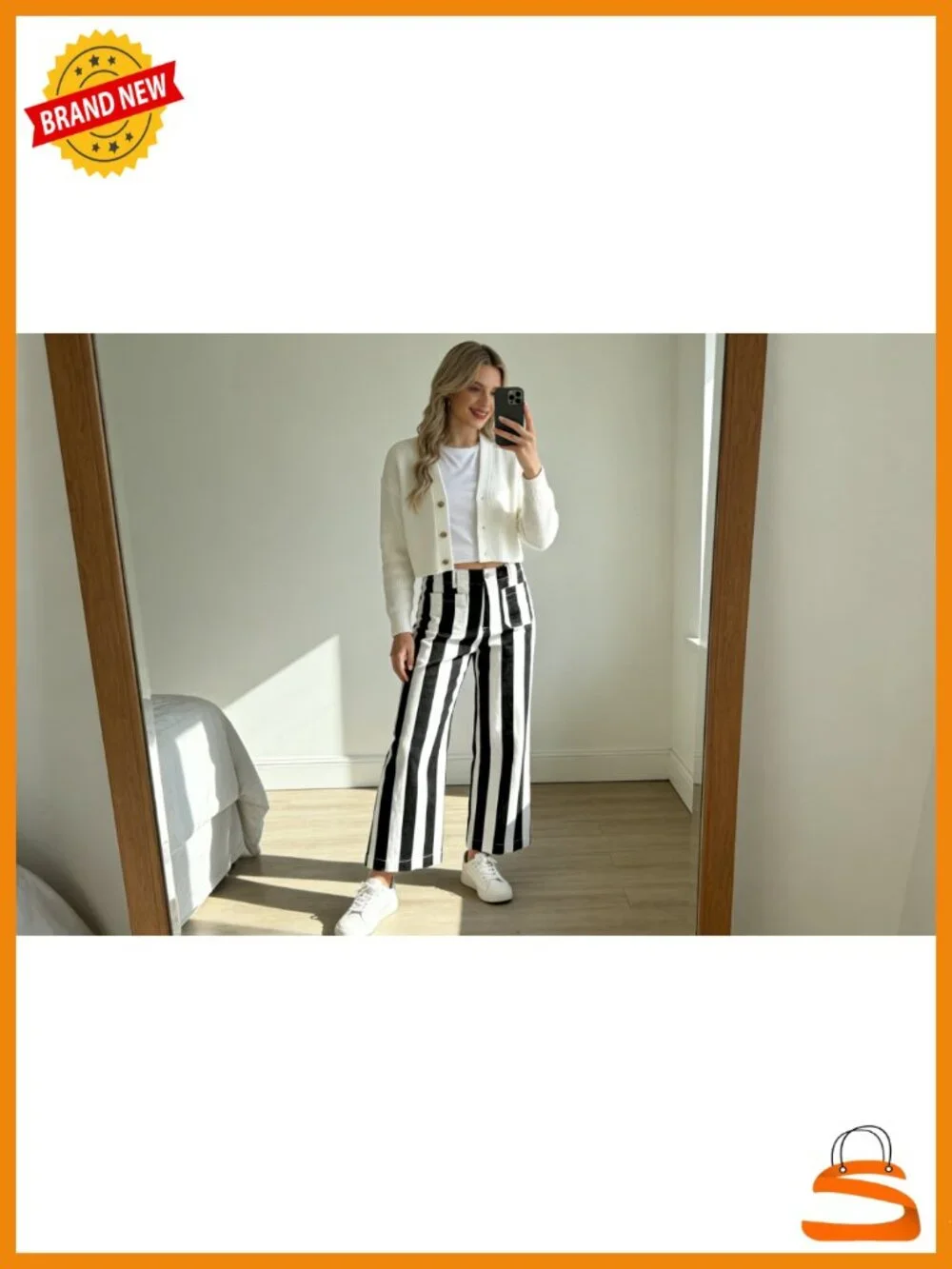 Striped High Rise Wide Leg Cropped Stretchy Denim Jeans with Pockets